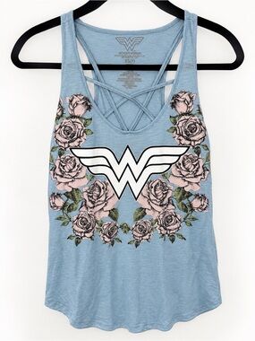 Wonder Woman Blue Floral Graphic Strappy Racerback Tank Top Lightweight XS